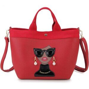Quirky Lady Face Handbag - PU Leather Satchel, Top Handle Shoulder Bag-Red